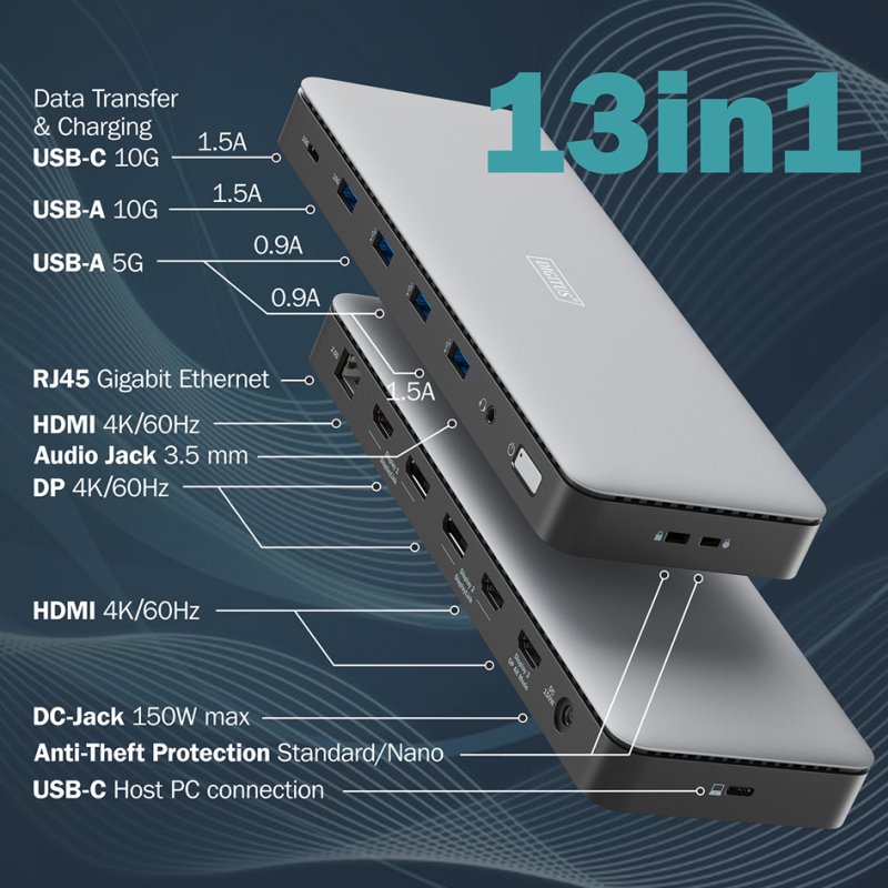 DIGITUS docking station USB-C, 13-poorts, grijs/zwart