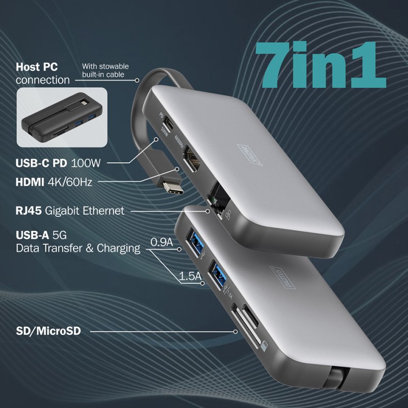 DIGITUS reis dockingstation, USB-C, 7 poorten, aluminium