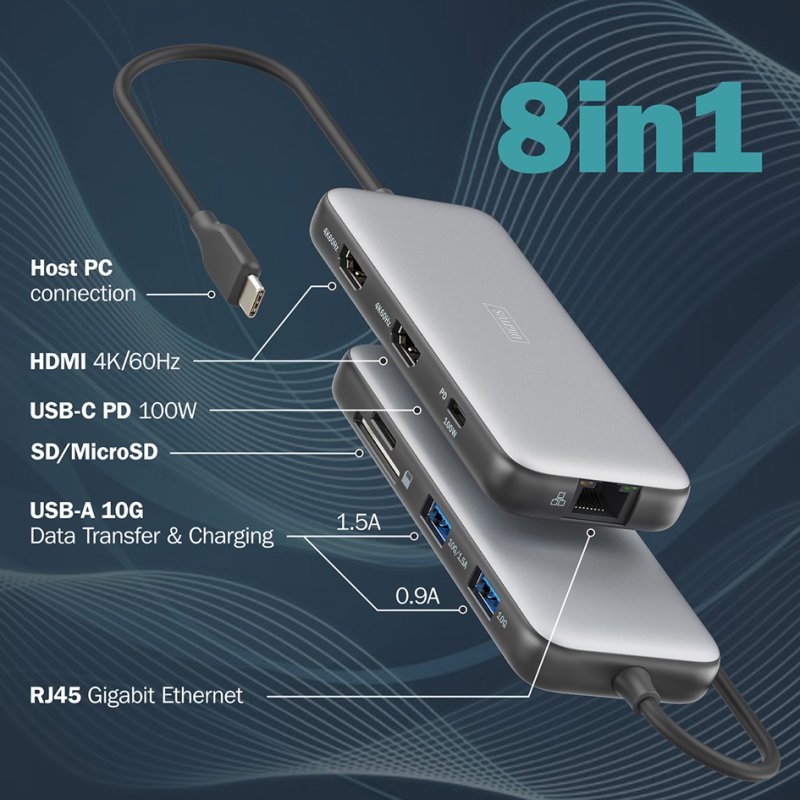 DIGITUS station d'accueil, USB-C, 8 ports, gris/noir