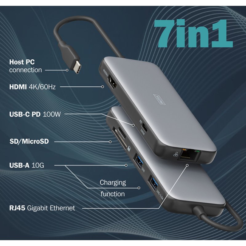 DIGITUS station d'accueil USB-C, 7 ports, gris/noir
