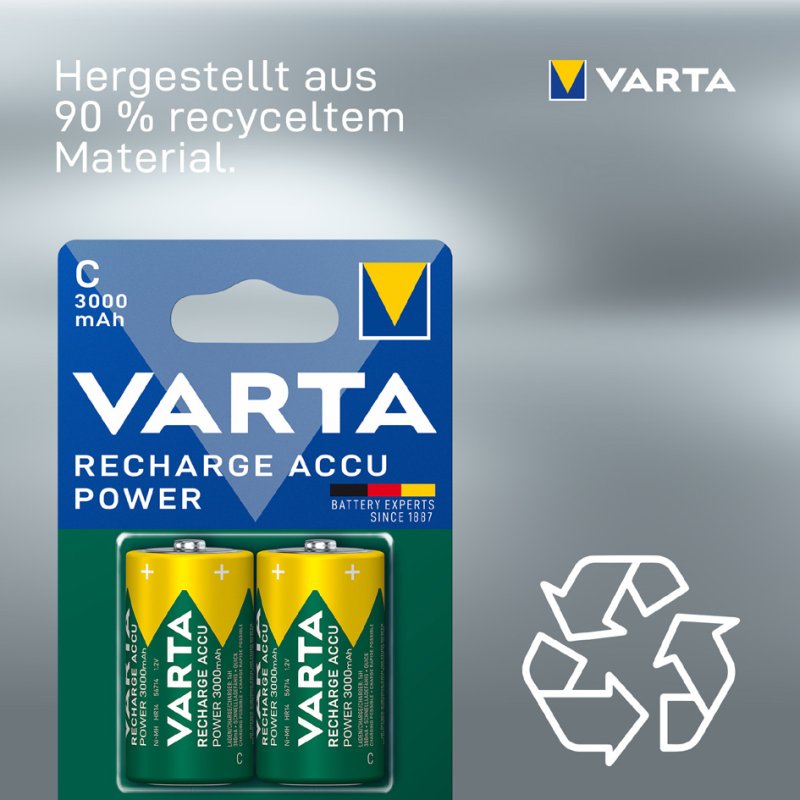 VARTA NiMH oplaadbare batterij RECHARGE ACCU Power, Baby (C), 3000 mAh, 2 stuks