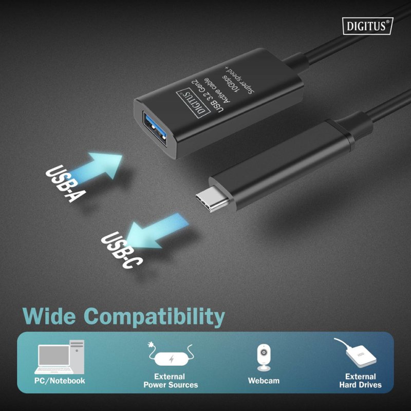 DIGITUS Câble d'extension USB 3.2 Gen2 actif, 5,0 m, noir
