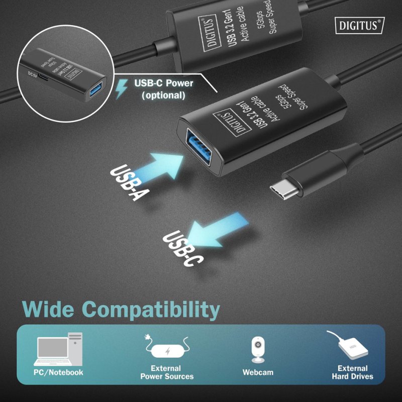 DIGITUS Câble d'extension USB 3.2 Gen1 actif, noir, 5,0 m