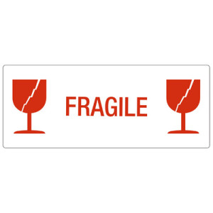 Rillprint waarschuwingsstickers FRAGILE, permanent klevend, wit/rood, 150×60 mm