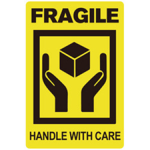 rillprint waarschuwingsetiketten FRAGILE HANDLE WITH CARE, permanent klevend, zwart/geel, 50,8×76,2 mm