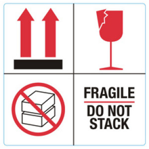 Rillprint waarschuwingsetiketten FRAGILE / DO NOT STACK, permanent klevend, wit/rood/zwart, 100×100 mm