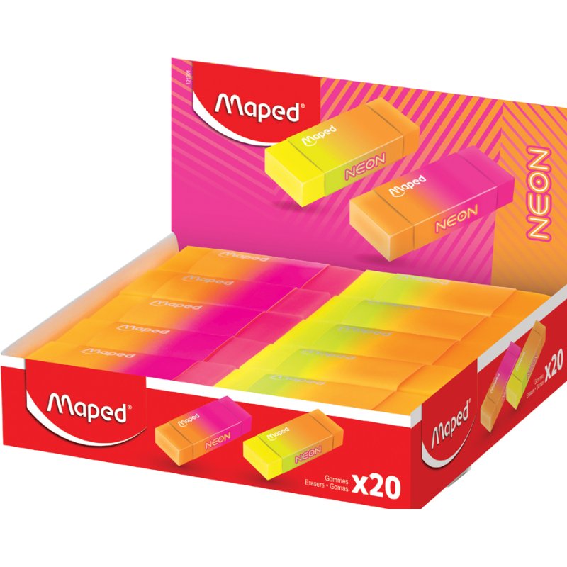 Maped Neon plastic erasers, neon orange/neon pink & neon yellow/neon orange, 20 pieces