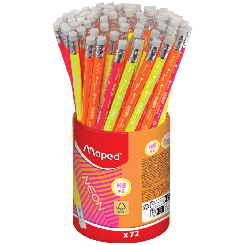 Maped Crayon Néon avec gomme, HB, triangulaire, 72 pièces