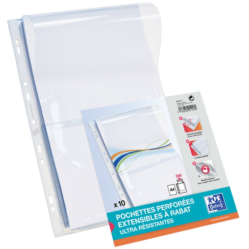 Oxford pochette de présentation avec soufflet d'expansion, transparent cristal, A4, PVC 0,3 mm, 10 pièces