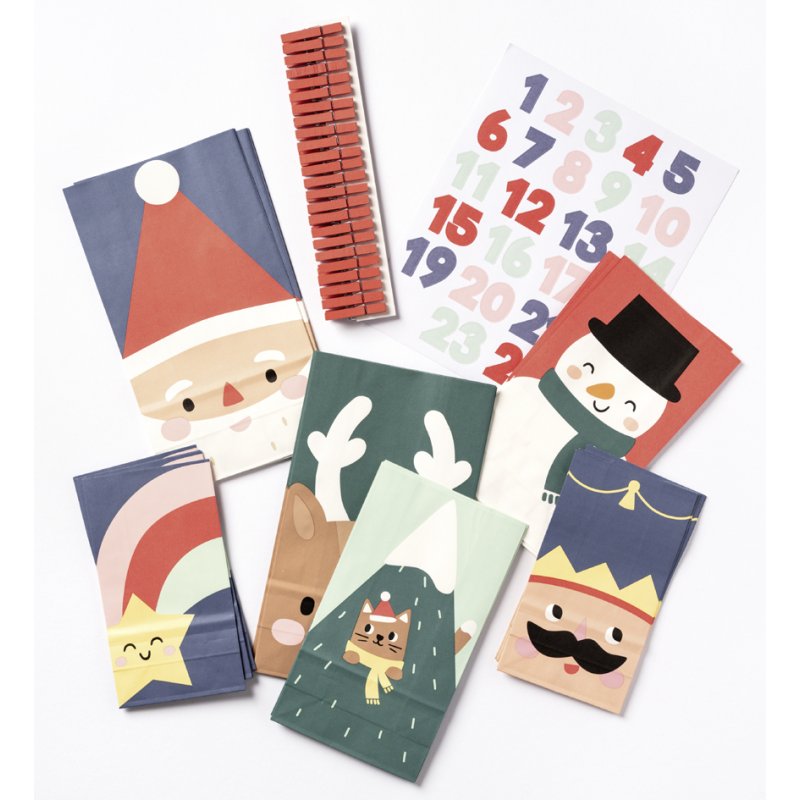 folia adventskalender SANTA & FRIENDS, 72-delig, papieren zakjes