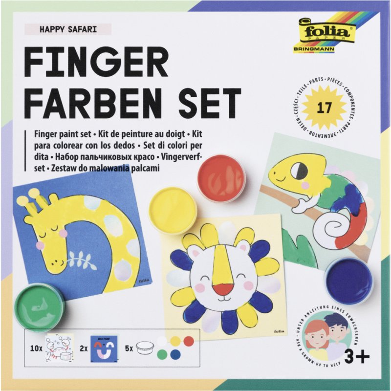 folia vingerverf set HAPPY SAFARI, 5 kleuren à 30 ml, 12 kleurplaten