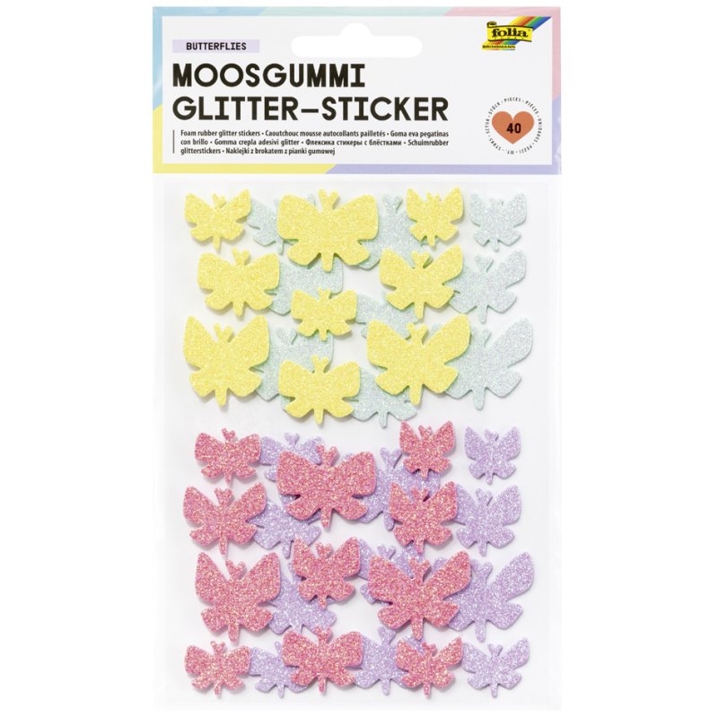 folia Foam Rubber Glitter stickers vlinders, zelfklevend, geel/roze/mint/lila, 40 stuks