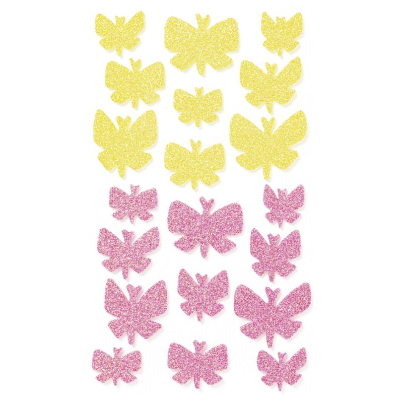 folia Foam Rubber Glitter stickers vlinders, zelfklevend, geel/roze/mint/lila, 40 stuks