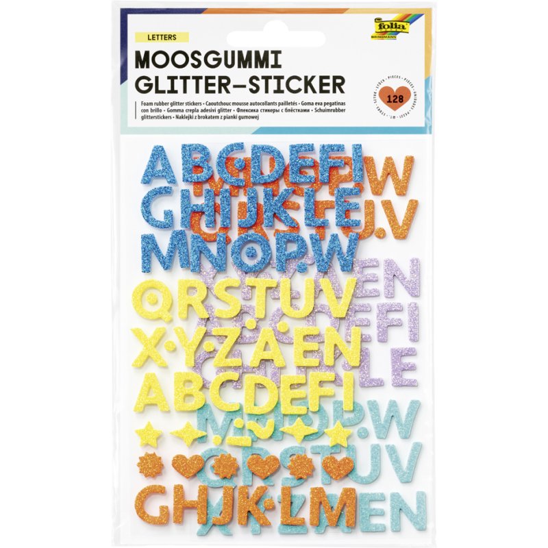folia Foam Glitter stickers letters, zelfklevend, geel/blauw/lila/oranje/turkoois, 128 stuks