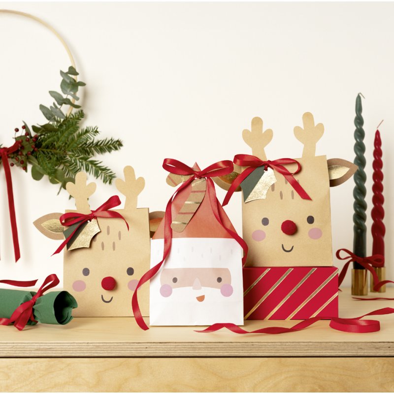 folia knutselset cadeauzakjes Santa & Deer, Kerstmis, 8 zakjes, pompons en lint
