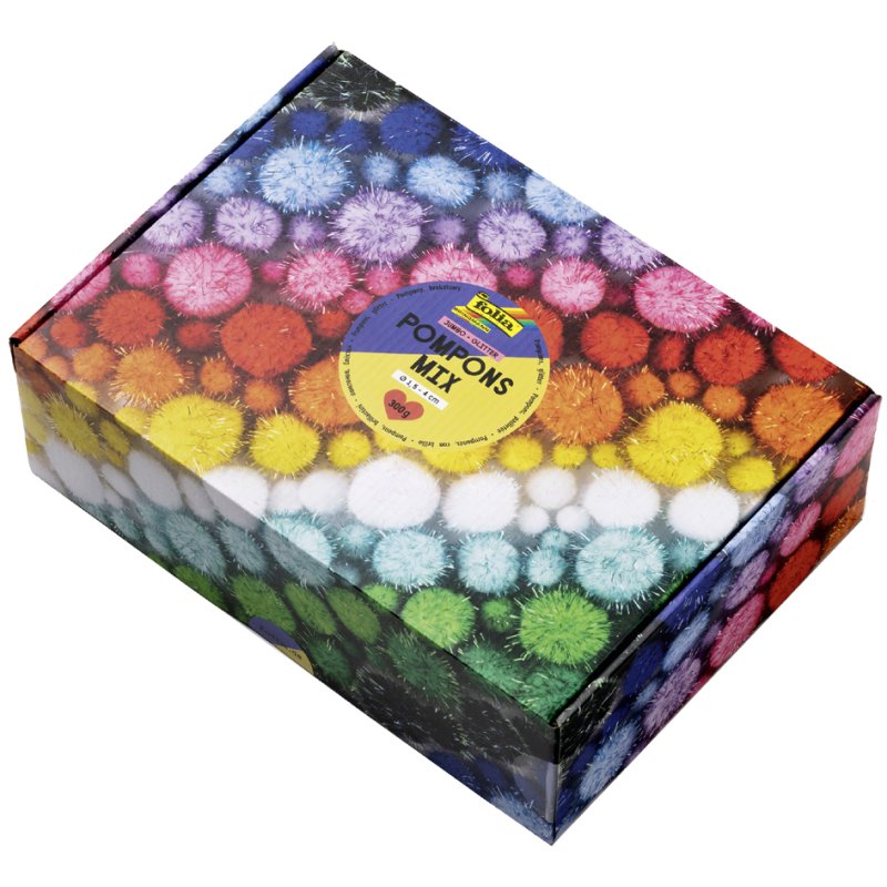 folia pompons mix glitter XL box, gesorteerd, 300 g, ca. 730 stuks