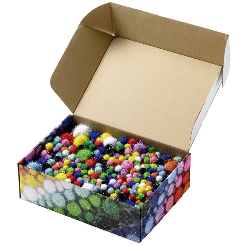 folia pompons mix glitter XL box, gesorteerd, 300 g, ca. 730 stuks