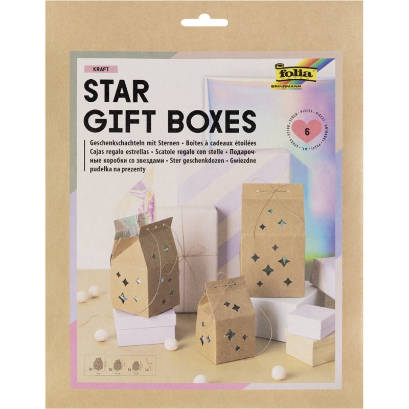 folia cadeaudoosjes-set Star gift boxes, kraftpapier, 6 doosjes, roségoud draad