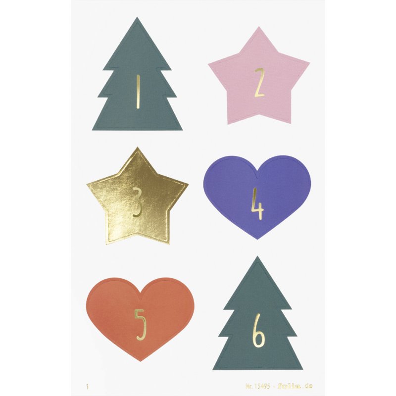 folia adventskalender-stickers JOLLY MIX, genummerd 1-24, 4 vel à 6 stickers