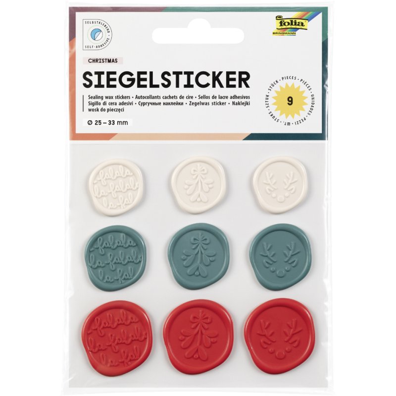 folia kerst zegel-stickers, 19-25 mm, beige/groen/rood, 9 stuks