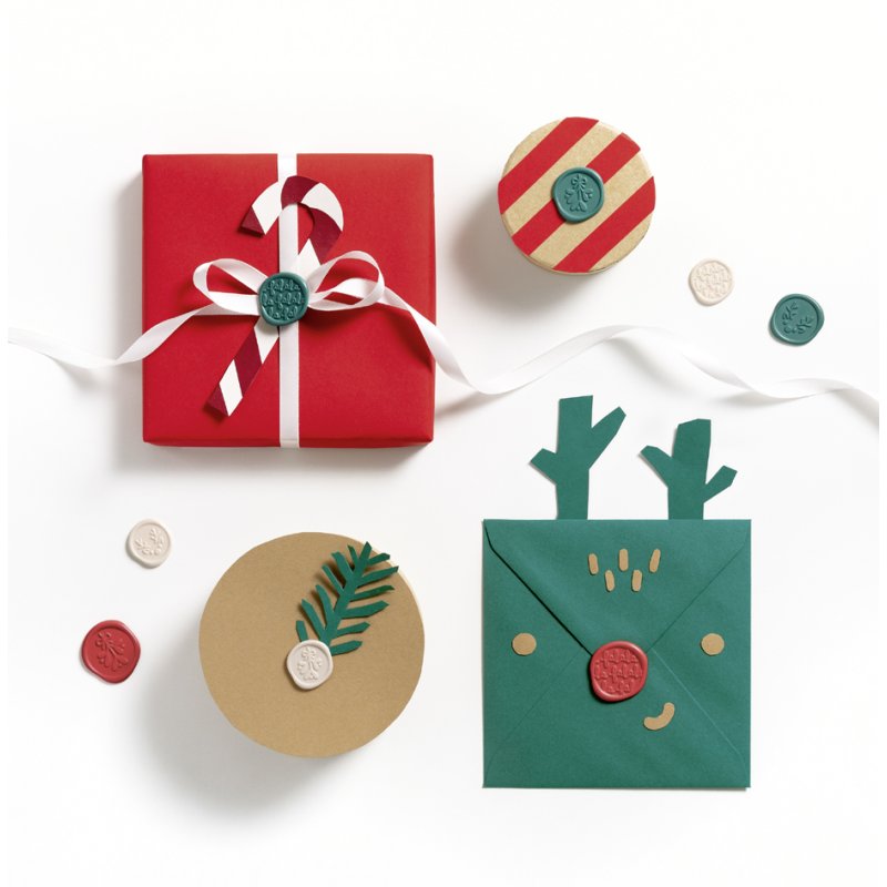 folia kerst zegel-stickers, 19-25 mm, beige/groen/rood, 9 stuks