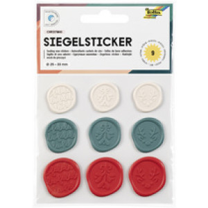 folia kerst zegel-stickers, 19-25 mm, beige/groen/rood, 9 stuks
