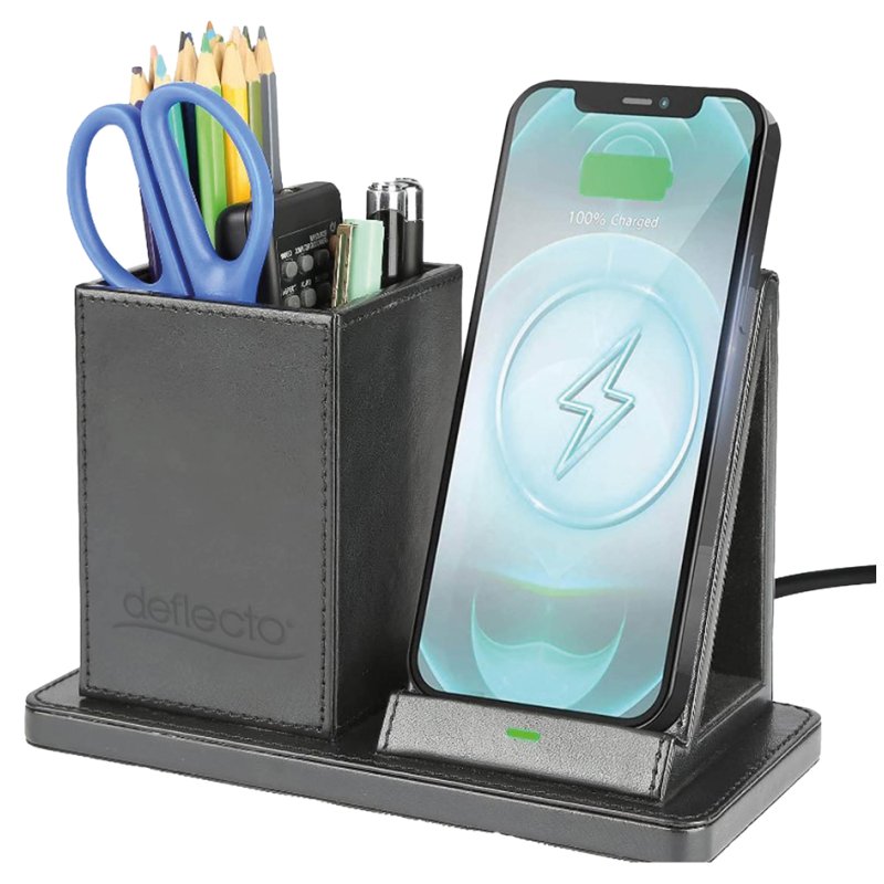deflecto Organiseur de Bureau avec Chargeur Qi, noir, 210×105×143 mm