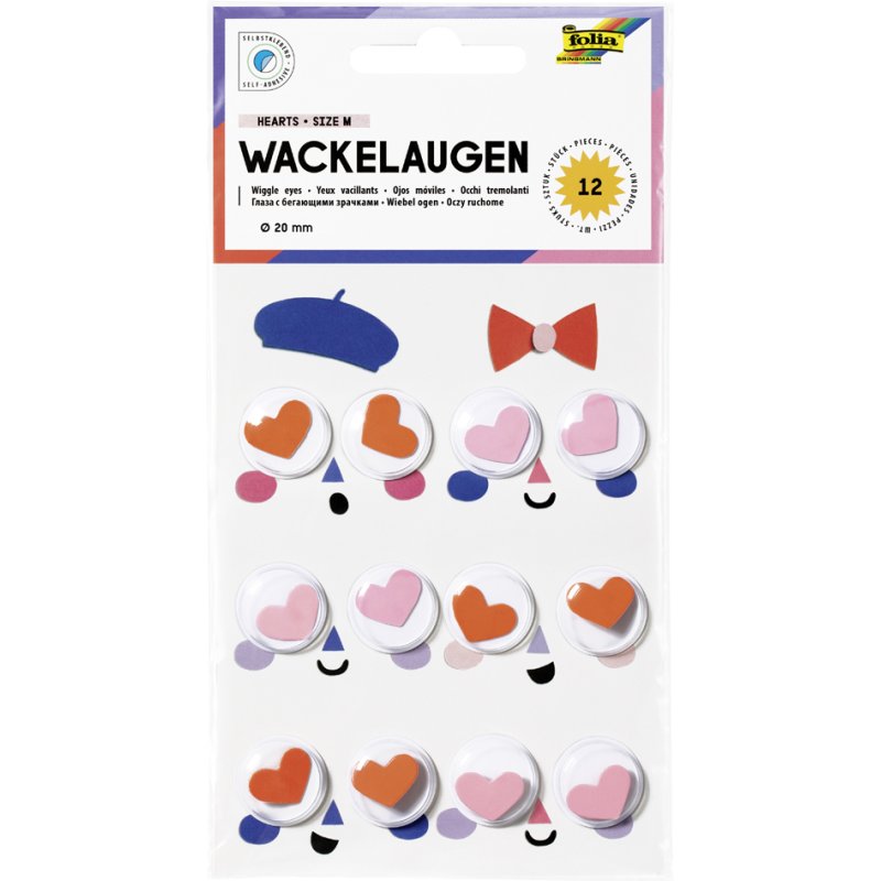 folia wiebel-ogen HEARTS, hartvormige pupillen, 20 mm, 12 stuks