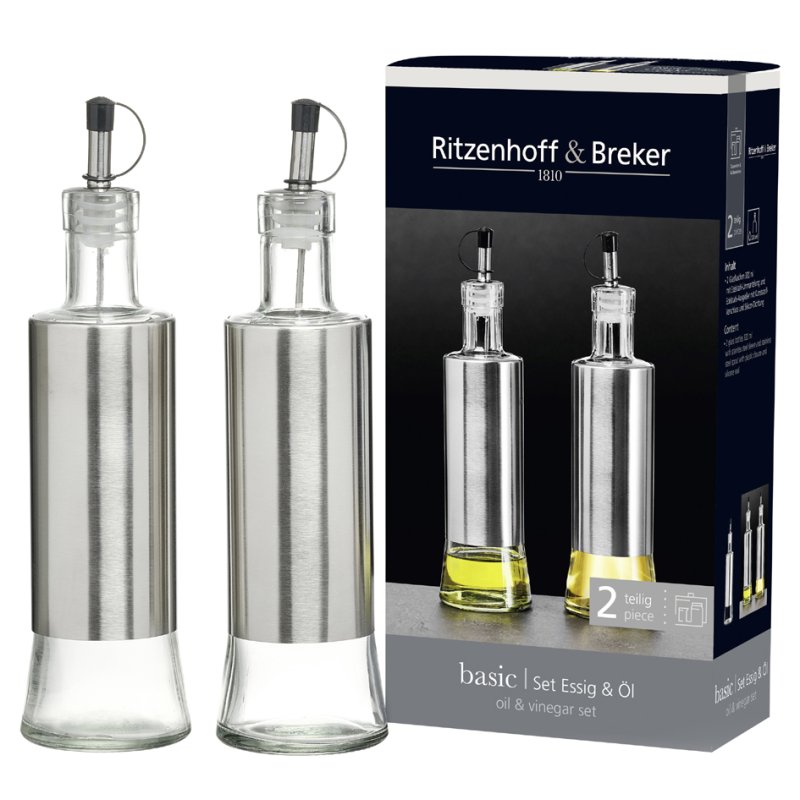 Ritzenhoff & Breker BASIC vinegar and oil bottle set, transparent/silver, glass with stainless steel casing, 2×320 ml