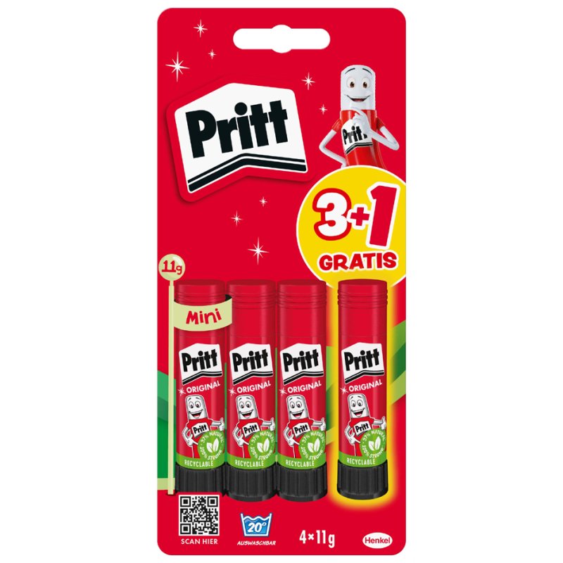 Pritt Bâton de colle, sans solvant, 4 x 11 g, blister