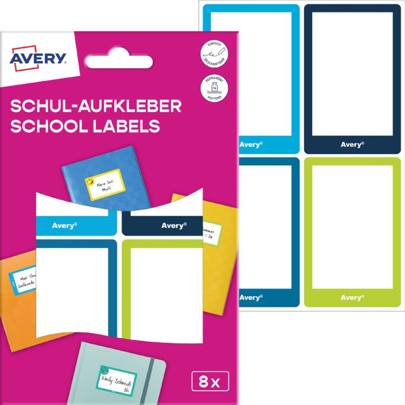 AVERY Zweckform boekenetiketten, 48×70 mm, wit met gekleurde rand, 8 stuks
