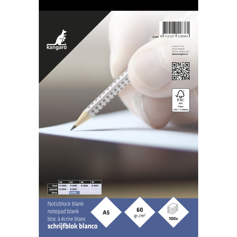 Kangaro bloc-notes A5, quadrillé, 100 feuilles