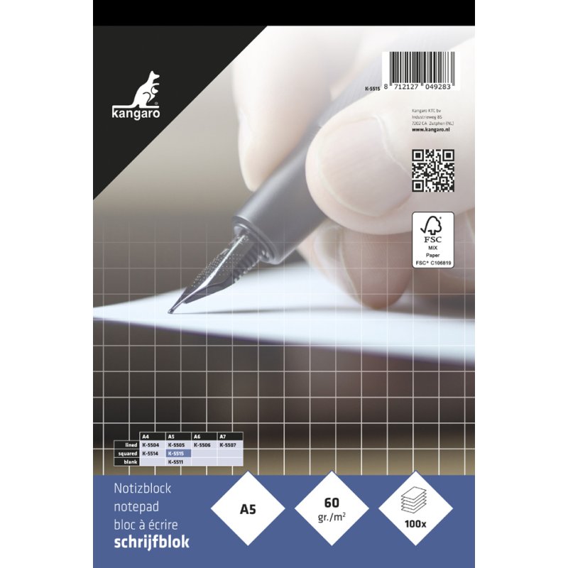 Kangaro bloc-notes A5, quadrillé, 100 feuilles