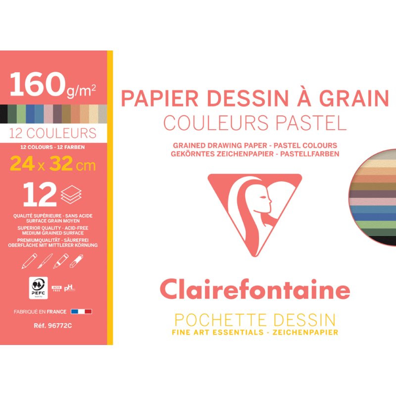 Clairefontaine papier artiste à grains, 160 g/m², teintes pastel, 12 feuilles