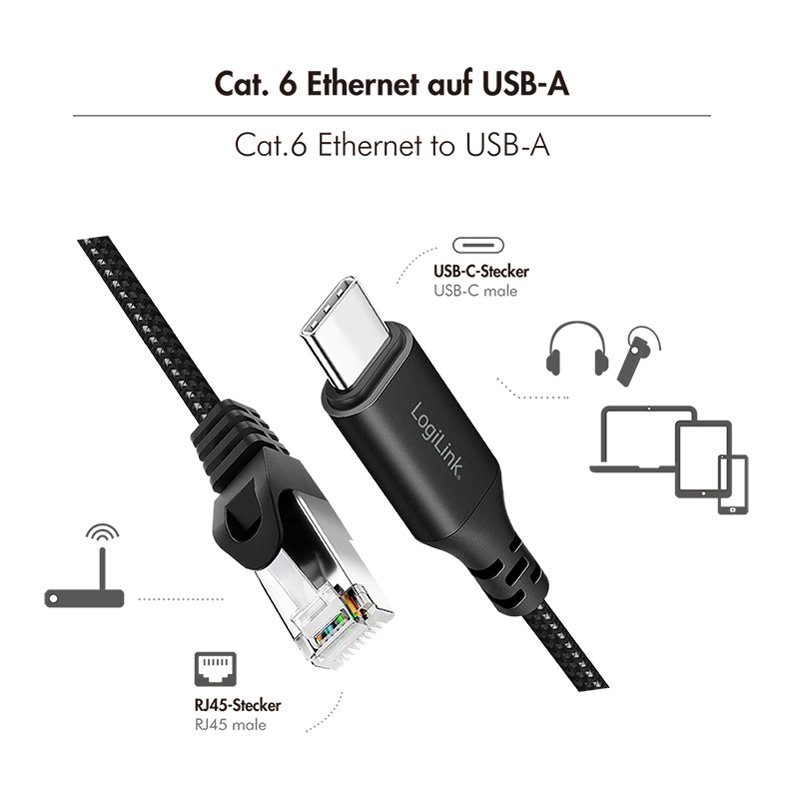 LogiLink Câble Ethernet USB 3.2, USB-C vers RJ45, 1,0 m, noir/gris