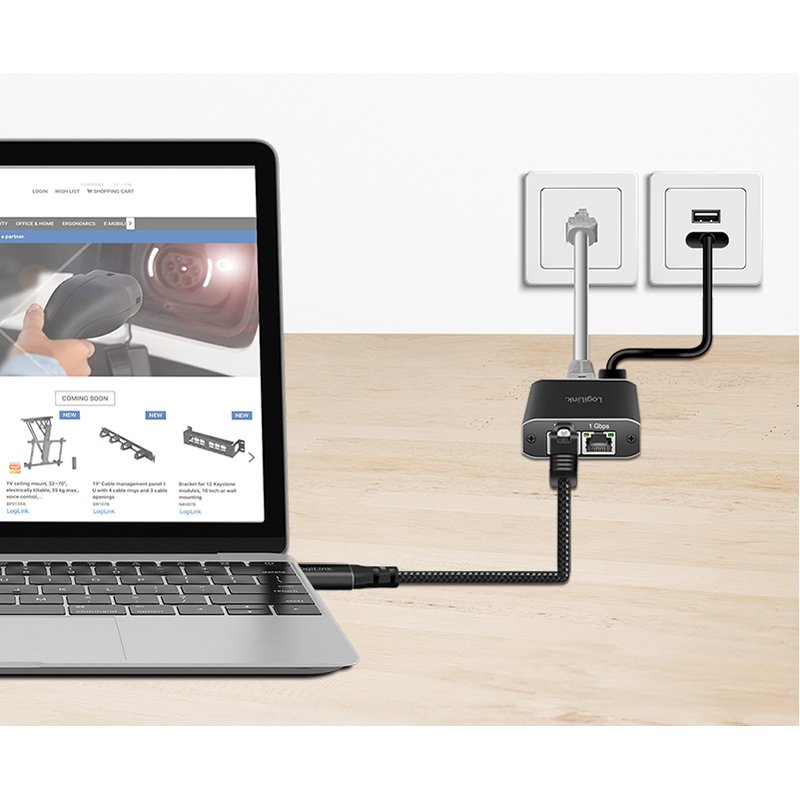 LogiLink Câble Ethernet USB 3.2, USB-C vers RJ45, 1,0 m, noir/gris