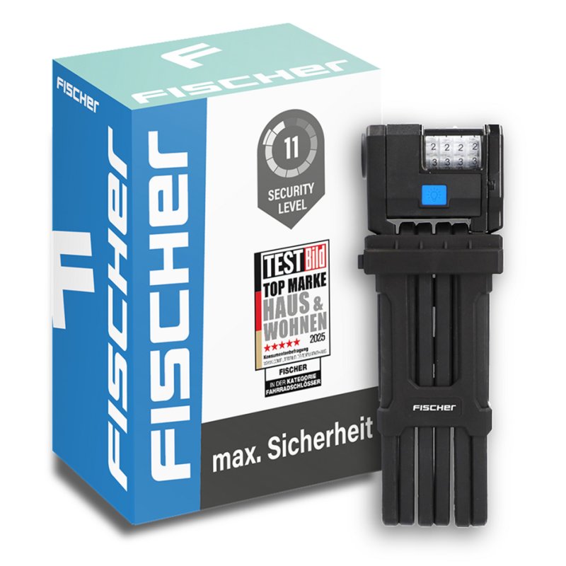 FISCHER cadenas de vélo pliable PROTEC PLUS+ FN110, cadenas à combinaison, 1100 mm, roues à chiffres éclairées