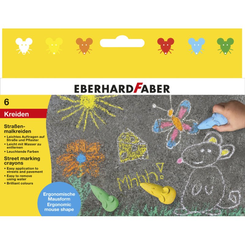 EBERHARD FABER craie trottoir Souris, forme ergonomique de souris, colorée, 6 pièces
