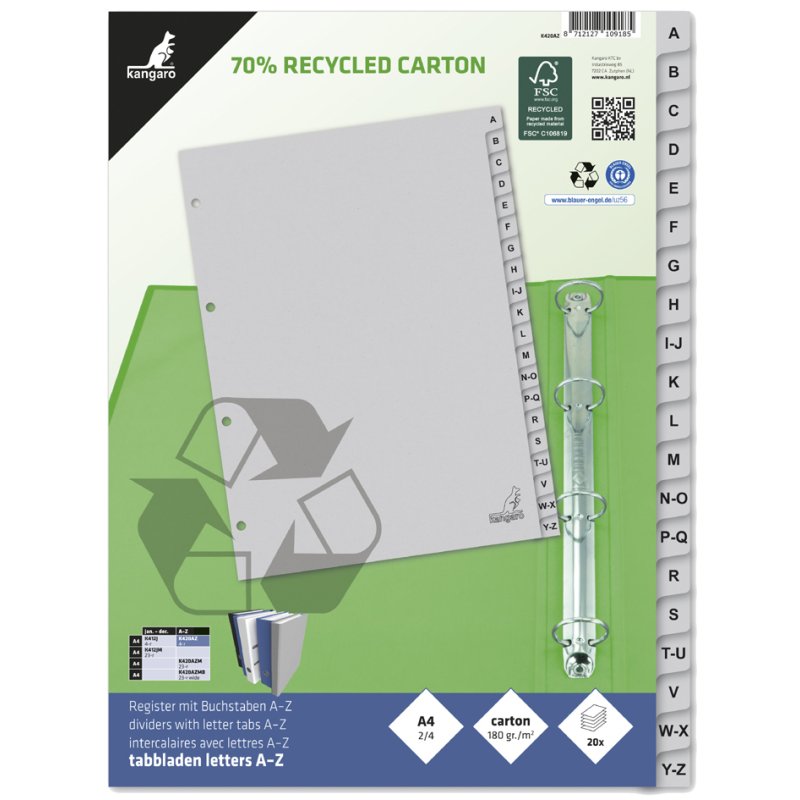 Kangaro index tabs ECO, A4, grey card 180 g/m², 4-hole punched