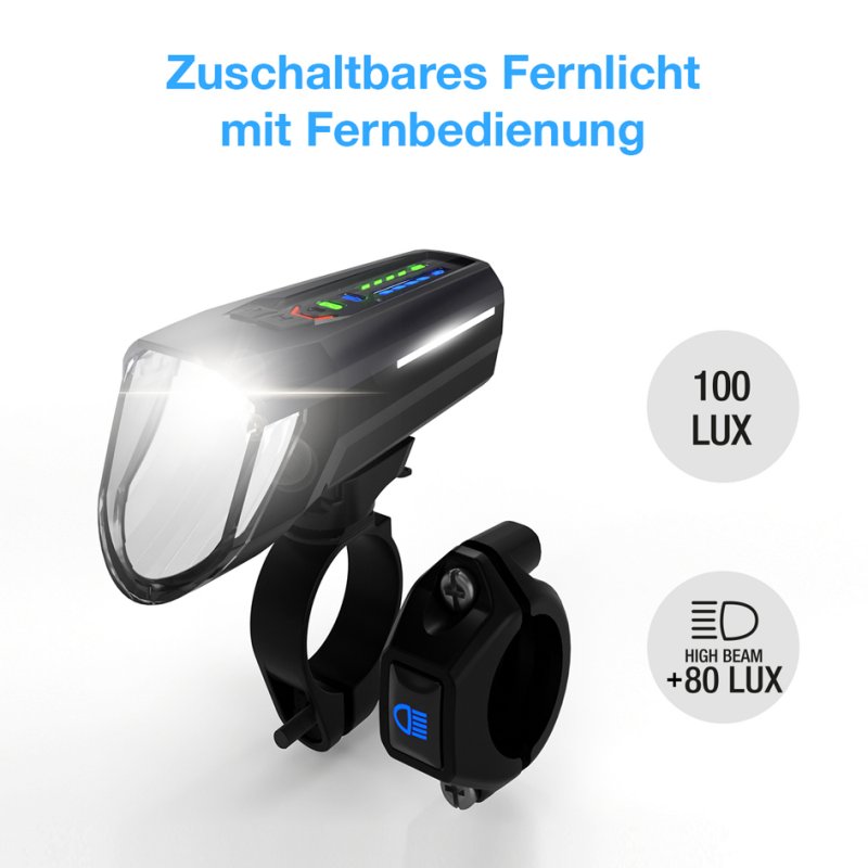 FISCHER Fro LED bicycle front light with high beam, 100 lux, StVZO approved