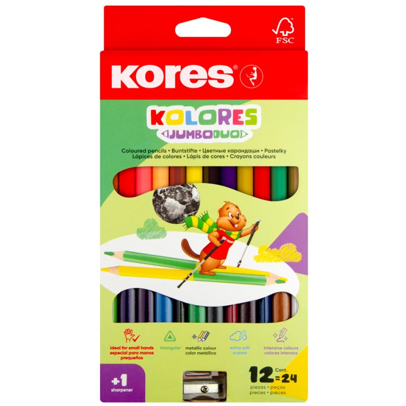 Kores Kolores Jumbo Duo crayons de couleur, 12 pièces, étui avec taille-crayon