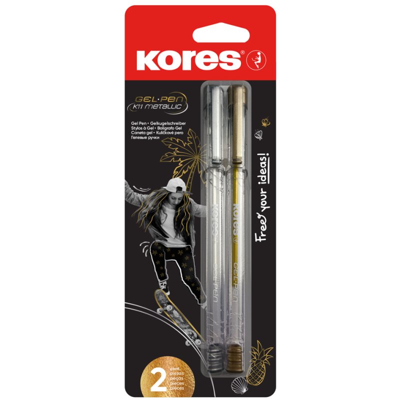 Kores K11 Metallic gel ink roller, silver and gold, 1.0 mm, 2 pieces