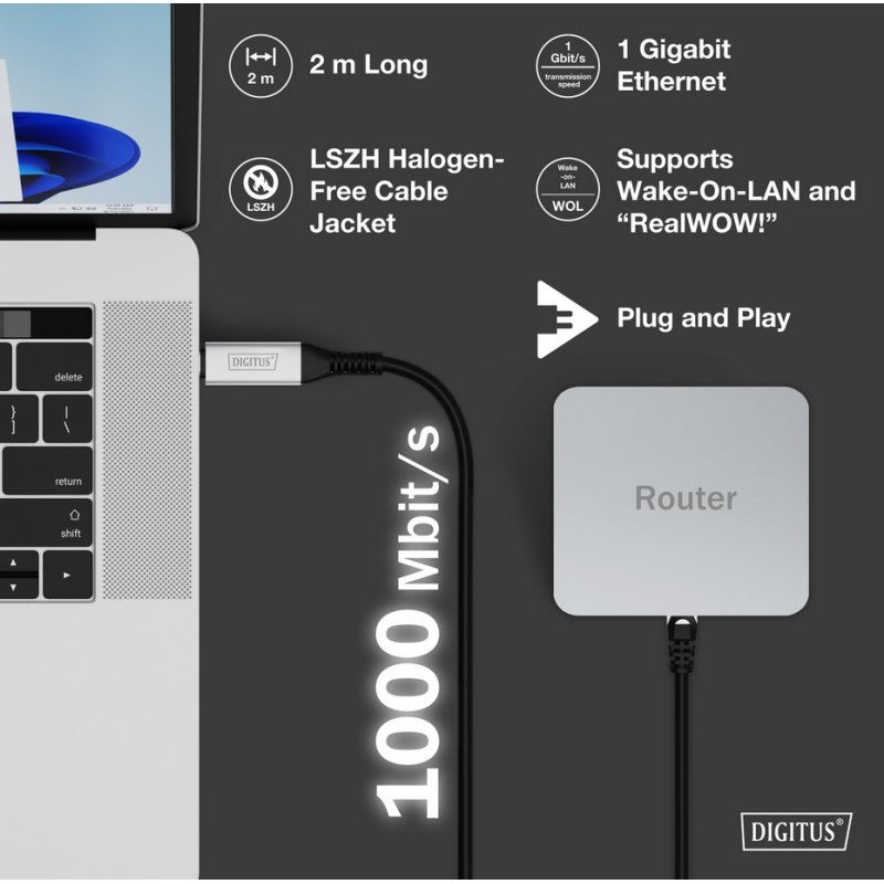 DIGITUS USB 3.2 ethernetkabel, USB-C naar RJ45, zwart