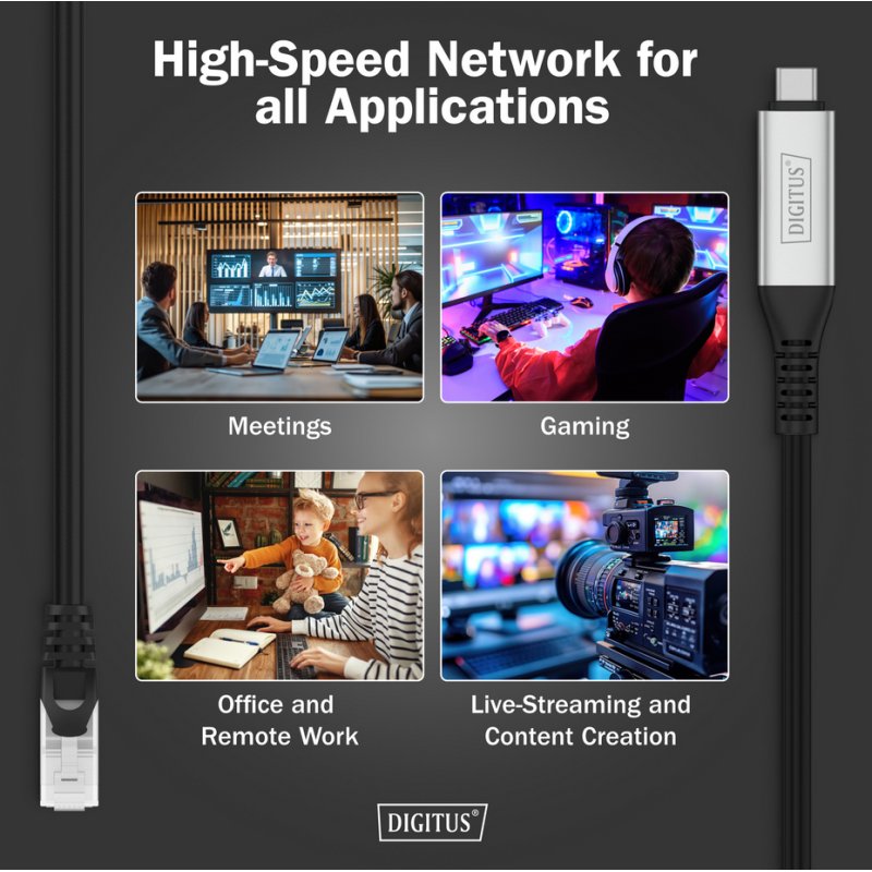 DIGITUS USB 3.2 ethernetkabel, USB-C naar RJ45, zwart