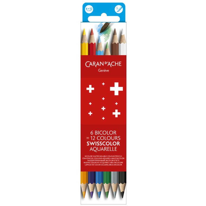 CARAN D'ACHE SWISSCOLOR BICOLOR watercolour colouring pencils, two-coloured, 6 pieces, 12 colours