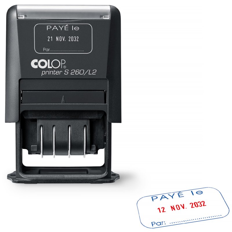 COLOP date stamp Printer S260 G, self-inking, PAYÉ le, blue/red