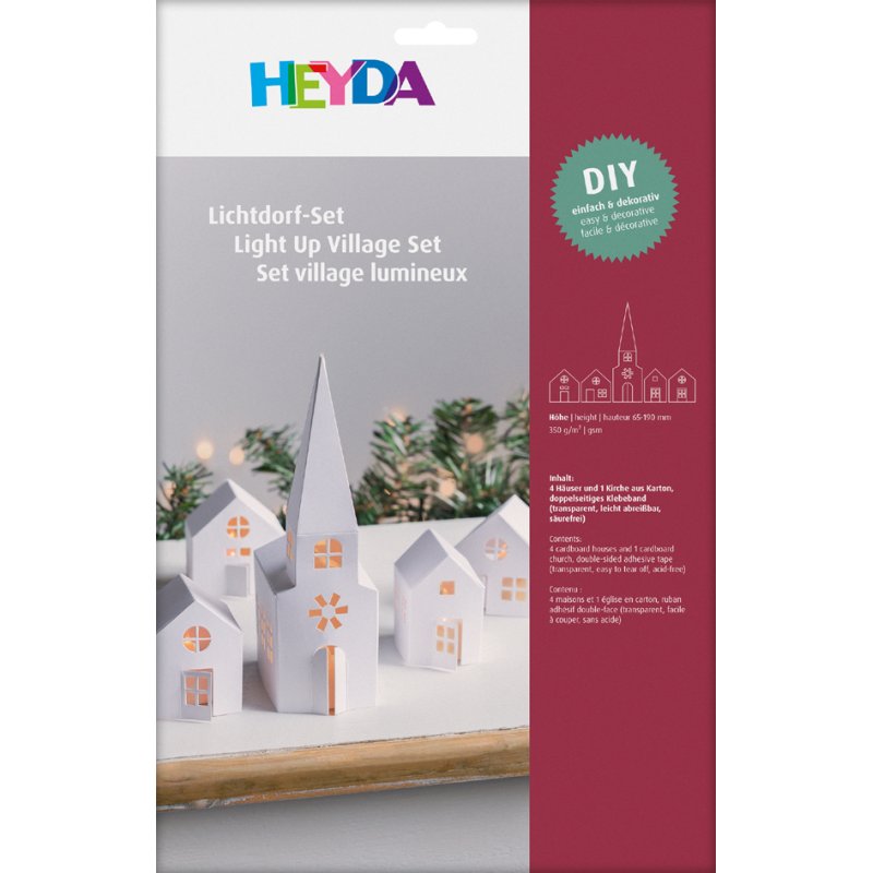 HEYDA knutselset Lichtdorp Huizen & Kerk, wit karton, 350 g/m², 5-delig