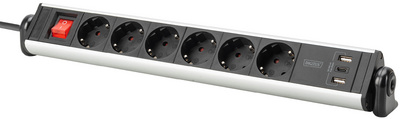 DIGITUS 6-way power strip, 3x USB, aluminium housing, silver/black