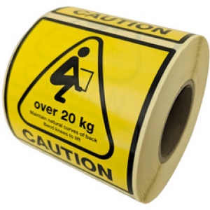 rillprint waarschuwingsetiketten CAUTION OVER 20 KG, permanent klevend, geel/zwart, 75×75 mm