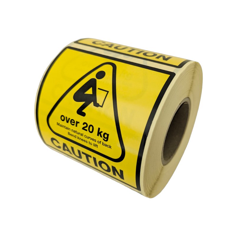 rillprint waarschuwingsetiketten CAUTION OVER 20 KG, permanent klevend, geel/zwart, 75×75 mm